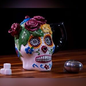 Blue Sky Ceramic Sugar Skull Día De Los Muertos Teapot